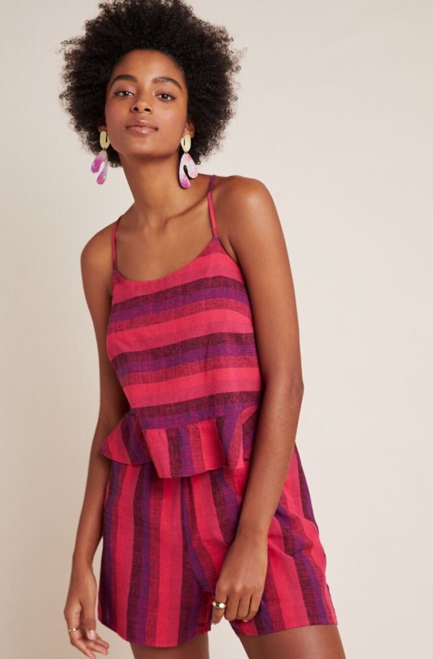 Anthropologie Amadi Melia Striped Ruffled Linen Romper Keyhole Pink Women Small